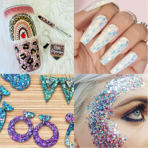 Vista 6 de Linwulte - Mezcla de purpurina gruesa y fina holográfica, 20 colores para resina, purpurina iridiscente para uñas, cosméticos para ojos, cabello
