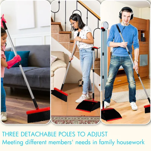 Vista 3 de Juego de 2 escobas y recogedor con mango largo de 48 pulgadas, color negro Stand Up Dustpan with Self-Cleaning Teeth and Long Handle Broom Set for