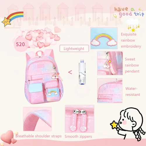 Vista 4 de Mochila infantil con diseño de arcoíris degradado para niñas, escuela primaria, con estampado de corazón, mochila escolar con compartimentos