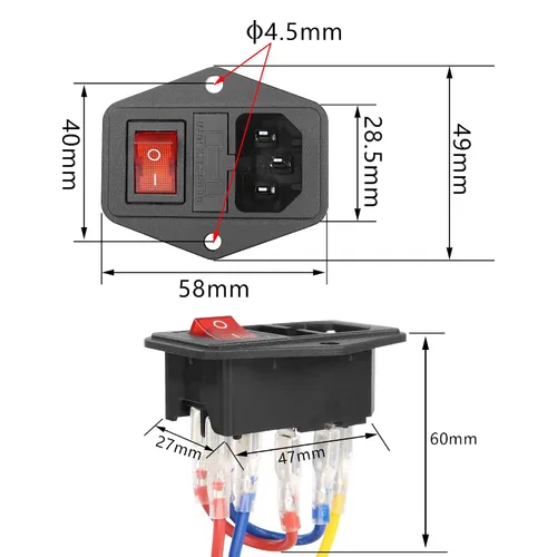 Vista 7 de Interruptor basculante de 6A 250 V, enchufe de módulo de entrada, fusible de 10 A con luz indicadora, cable de 18 AWG de 3 pines IEC320 C14