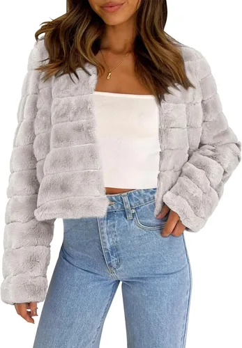 Vista 8 de Allegra K Abrigo chaqueta de piel sintética para mujer de manga larga recortado esponjoso sin cuello casual cálido de invierno ropa exterior