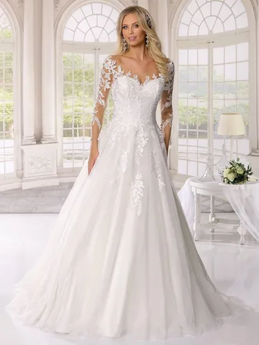 Vista 2 de DFDG Vestido de novia de tul con apliques para mujer vestido de novia de encaje sin espalda