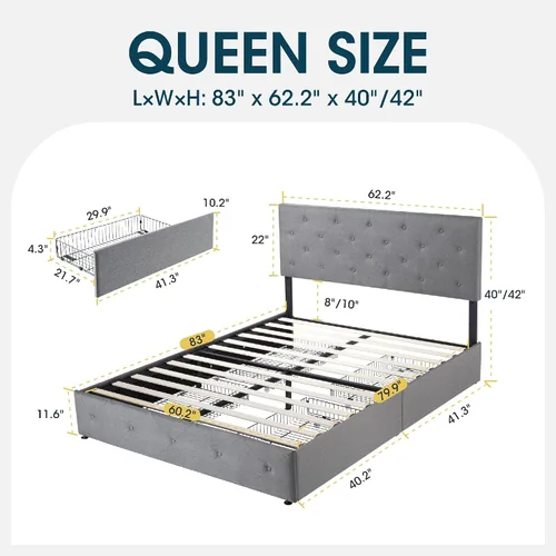 Vista 87 de WEEWAY Base de cama de plataforma tamaño King con 4 cajones de almacenamiento, cabecera capitonada con botones de costura de diamante, base de Negro