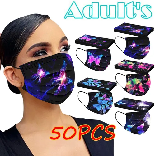 Vista 2 de JINF ATRISE - 50 cubrebocas desechables con estampado de mariposas para adultos a la moda reutilizable para exteriores ciclismo a prueba de polvo