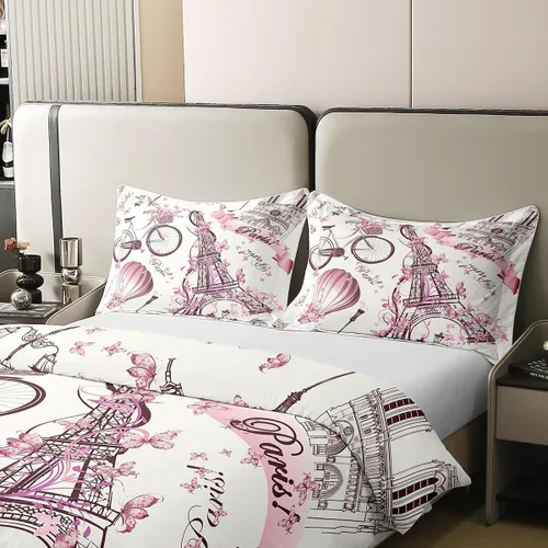 Vista 4 de Juego de funda de edredón de 100 % algodón natural con diseño de la Torre Eiffel para parejas, juego de ropa de cama floral rosa, funda de edredón