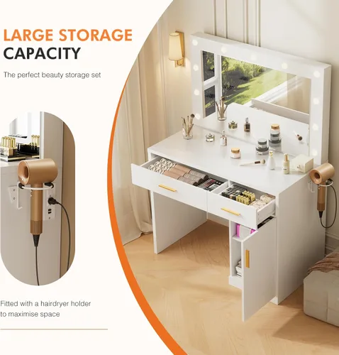 Vista 2 de Sweetcrispy 11 LED Bulbs Vanity Desk with HD Mirror, Makeup Vanity Table with 2AC/USB/C Charging Station, Dressing Desk with 2 Drawers & Large