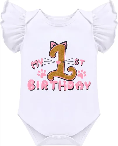 Vista 3 de IDOPIP Duck Cat 1st Birthday Outfit for Baby Girls Flutter Sleeve Romper Tutu Skirt Headband Cake Smash Party Dress Clothes