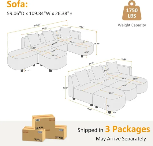 Vista 2 de VANOMi 279 cm Sofá modular seccional con 3 almohadas, cómodo sofá de chenilla en nube convertible de 5 plazas con reposapiés, sofás seccional