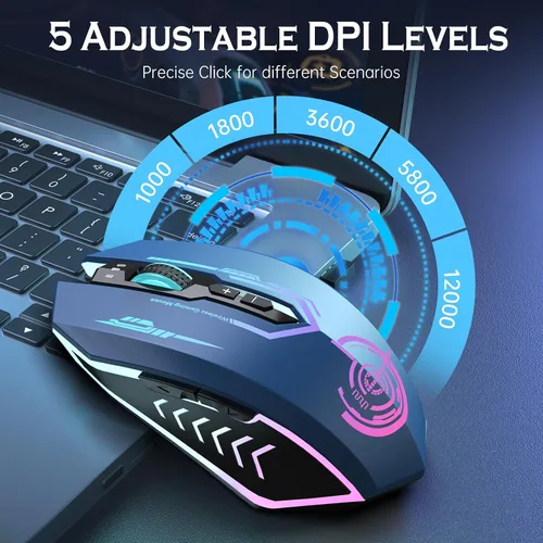 Vista 2 de UHURU Mouse para juegos, mouse inalámbrico para juegos con 7 botones, 7 colores LED intercambiables hasta 12000 DPI, mouse USB recargable para PC