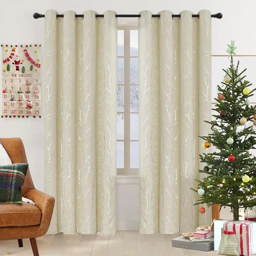 Vista 64 de BUHUA Cortinas pequeñas para ventana de 36 pulgadas de largo, 2 paneles, cortinas opacas con elegantes ramas de árbol plateadas, cortinas de bloqueo