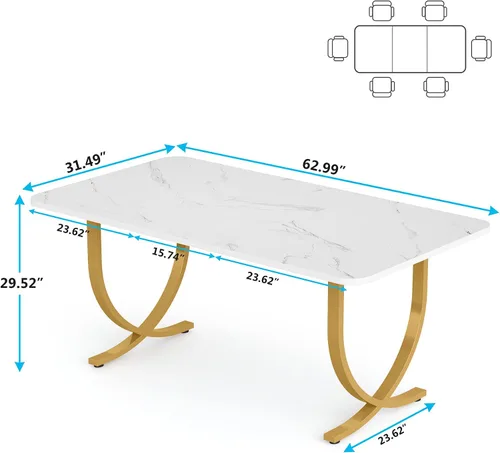 Vista 3 de LITTLE TREE Mesa de comedor, mesa de cocina con tablero de mármol sintético y patas de metal dorado Blanco & Oro
