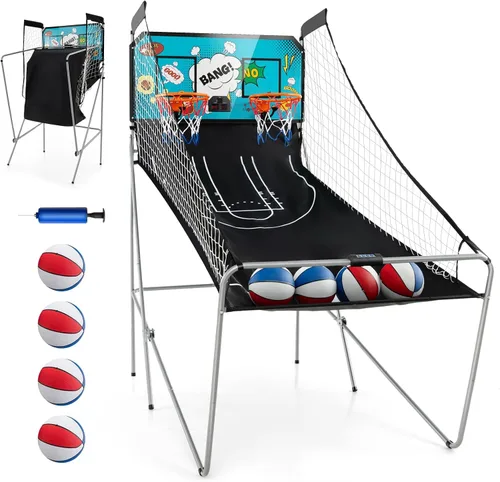 Vista 13 de GYMAX Juego de baloncesto arcade plegable para interiores con 8 modos de juego, sonido de arcade, 4 bolas y bomba de inflado, juegos de baloncesto