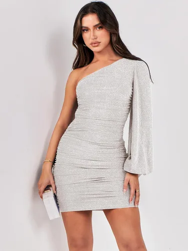Vista 4 de ANRABESS Vestido corto de cóctel de un hombro para mujer, con purpurina, sexy, fruncido, entallado, para fiesta, graduación, vestido corto formal