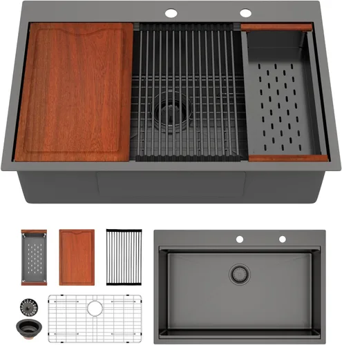 Vista 8 de Fregadero de cocina negro de 30"x19", estación de trabajo con revestimiento nano, acero inoxidable 304 calibre 16, hecho a mano, montaje superior