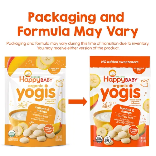 Vista 4 de Happy Baby Organics Yogis Snacks liofilizados de yogur y frutas, plátano y mango, bolsa de 1 onza (paquete de 8) el embalaje puede variar