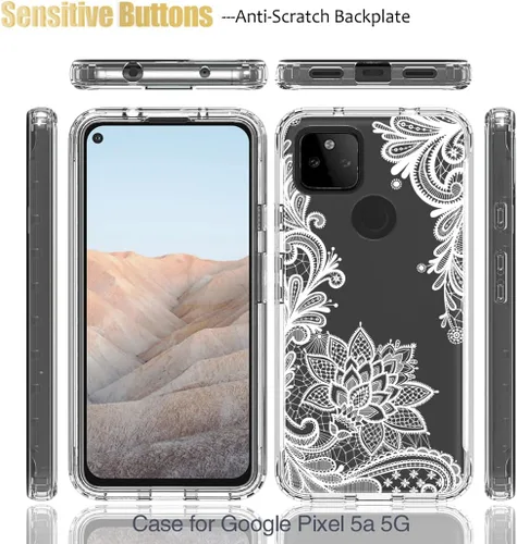 Vista 5 de Funda para Google Pixel 5A 5G con protector de pantalla de vidrio templado, funda protectora de cuerpo completo con bonito patrón de mandala
