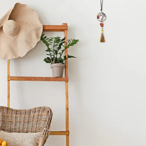 Vista 4 de rockcloud Adorno colgante de árbol de la vida de 7 chakras con borla de piedra cruda irregular para pared, automóvil, hogar, boda, jaspe rojo