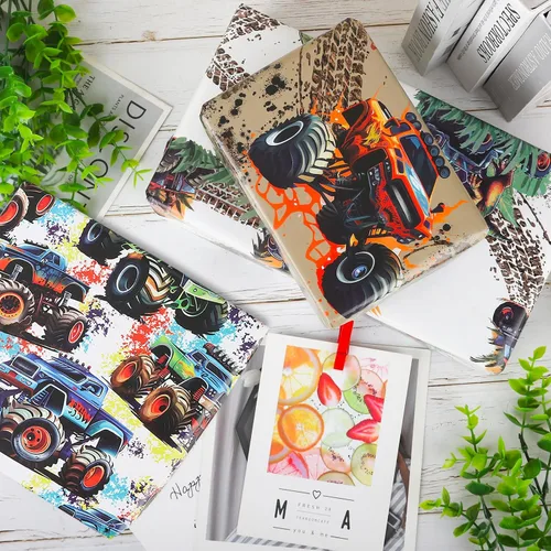Vista 5 de Dtiafu Papel de regalo de camión monstruo para niños – Papel de regalo de coche de carreras a granel plegado plano para cumpleaños, baby shower