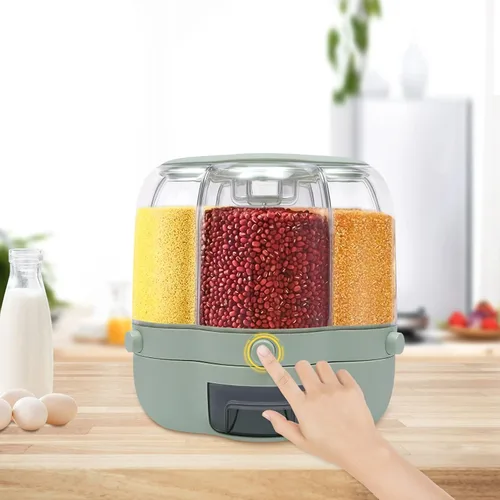 Vista 8 de Dispensador de granos de 6 rejillas, dispensador de alimentos secos de grano giratorio de 360°, contenedor de almacenamiento de arroz y granos