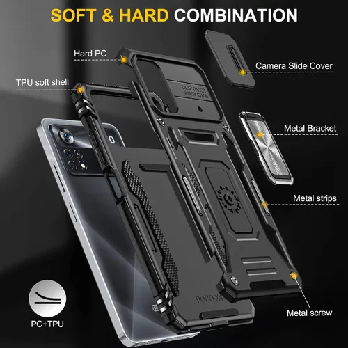 Vista 7 de Funda resistente para Xiaomi Poco X4 Pro 5G con funda protectora de cámara para Poco X4 Pro 5G, a prueba de golpes, con soporte de anillo magnético