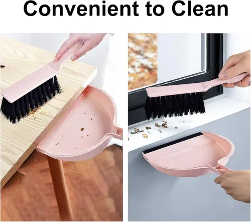 Vista 3 de Juego de mini escoba pequeña y recogedor rosa para el hogar, cocina, oficina, coche