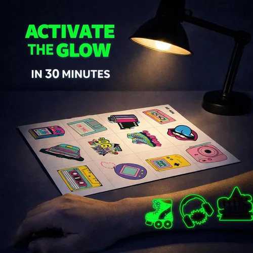 Vista 6 de 96 tatuajes temporales luminosos precortados de regreso a los años 90 y 80 que brillan For Kids Theme Birthday Party Decorations Supplies Favors