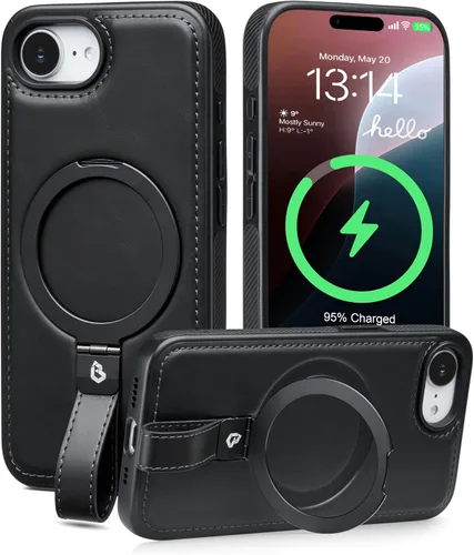 Vista 46 de Butaiga Funda para iPhone 12 Pro Max con correa de cuero, soporte de anillo Negro