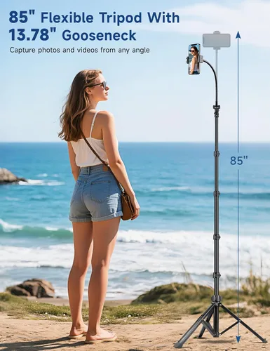 Vista 2 de Soporte de trípode para teléfono, trípode de teléfono celular de 85 pulgadas de alto para iPhone con control remoto de cuello de cisne, soporte