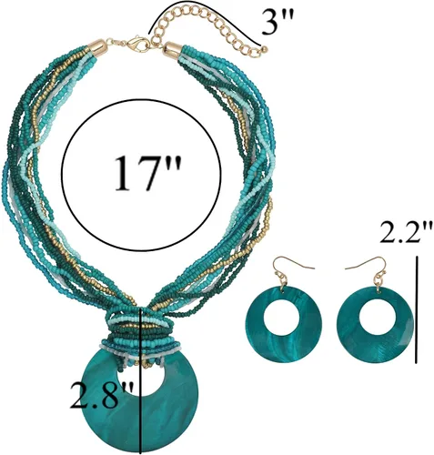 Vista 8 de Coiris Collar de cuentas coloridas de múltiples hebras con colgante de concha de círculo grande para mujer