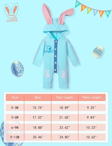 Vista 7 de Queenstyle Traje de Pascua para bebé niño, mameluco de manga larga con capucha y orejas de conejo para bebé niño