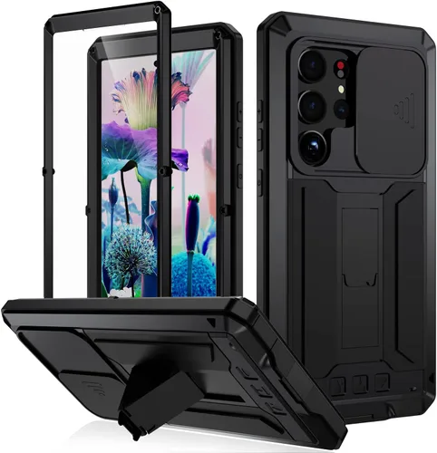 Vista 8 de Funda rígida de metal compatible con Samsung Galaxy S21 Ultra con protector de pantalla y protector de lente, resistente a prueba de polvo de grado