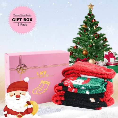 Vista 2 de LKV Calcetines de invierno para mujer, caja de regalo, calcetines de lana gruesa, suaves, cálidos, calcetines casuales para mujer, calcetines