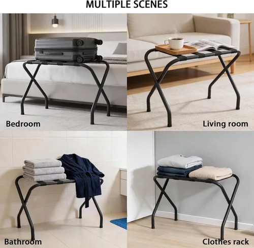 Vista 2 de Portaequipajes plegable, soporte de maleta de metal resistente con correas de nailon, portaequipajes plegable para habitación de invitados