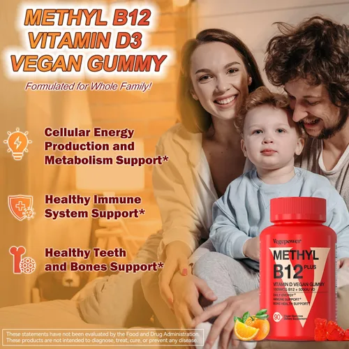 Vista 4 de Gomitas veganas de vitamina D3 y B12, suplemento de metilo B12 para adultos y niños, mejorado con vitamina D 3 para energía natural, inmune