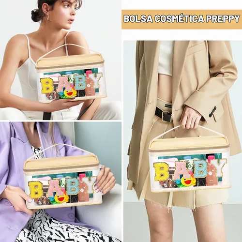 Vista 5 de izuzta Bolsas de maquillaje transparentes con letras de chenilla, bolsa de maquillaje de parche preppy con asa
