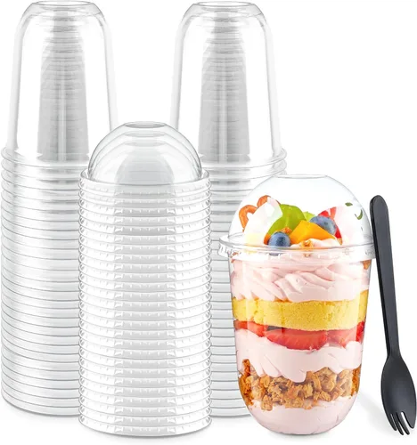 Vista 9 de Zezzxu Paquete de 50 Vasos de Postre de Plástico de 9 oz con Tapas de Cúpula (Sin Agujero) y Sporks, Vasos de Frutas Desechables Transparentes