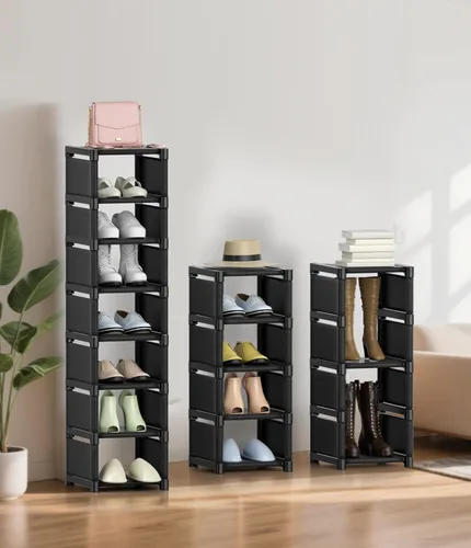Vista 2 de Organizador de zapatos de 8 niveles, almacenamiento vertical estrecho que ahorra espacio, estante de esquina de pie libre de metal para armario