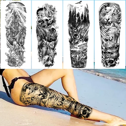 Vista 4 de VANTATY 20 hojas de tatuajes temporales extra grandes de brazo completo para hombres adultos, manga de tatuajes temporales de tigre, serpiente