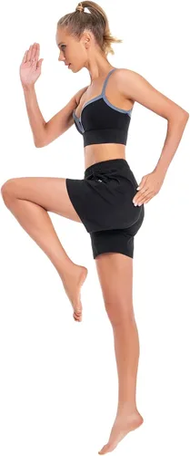 Vista 4 de Pantalones cortos de algodón para mujer de 5 pulgadas, pantalones cortos con bolsillos profundos para descansar, gimnasio, yoga, caminar, atletismo