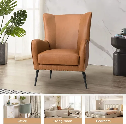 Vista 7 de HULALA HOME Silla decorativa de piel sintética con cojín extraíble, cómodo sillón tapizado con patas de metal negro y ribete de cabeza de clavo