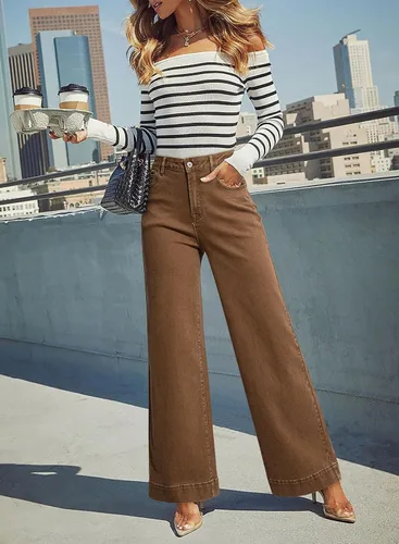Vista 6 de Dokotoo Pantalones de mezclilla casuales de cintura alta para mujer Marrón
