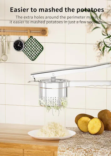 Vista 2 de GloTika Ricer de patatas grande de 15oz, triturador de patatas de acero inoxidable resistente con mango ergonómico, herramienta de cocina