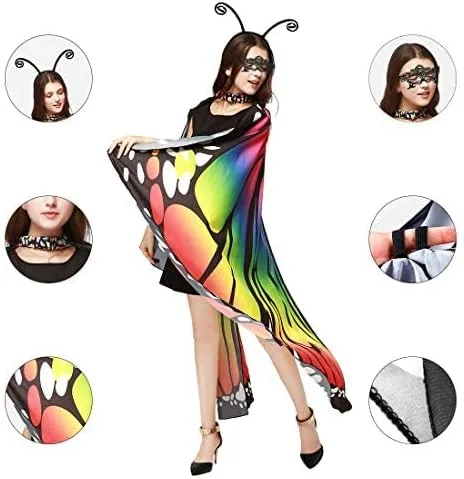 Vista 4 de Disfraz navideño de alas de mariposa para mujer, diseño de hada para adultos, suave capa para mujer, Arco iris