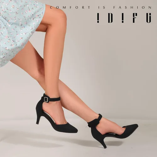Vista 5 de IDIFU IN3 D'Orsay Zapatos de tacón bajo para mujer, zapatos de vestir puntiagudos con puntera cerrada, correa de tobillo para novia, elegante