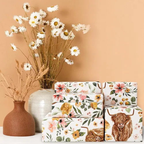 Vista 7 de AnyDesign Papel de regalo de vaca de las tierras altas de las tierras altas, no enrollable, papel de regalo de vaca con flores, plegado plano