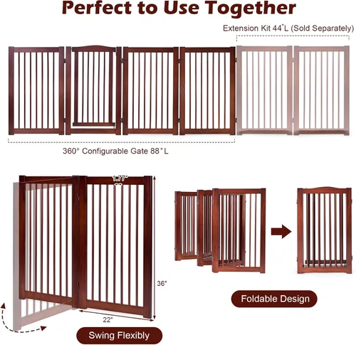 Vista 3 de PETSITE Puerta para perros configurable independiente con puerta de paso, 4 paneles de 88 pulgadas de ancho y 36 pulgadas de alto, puerta de madera