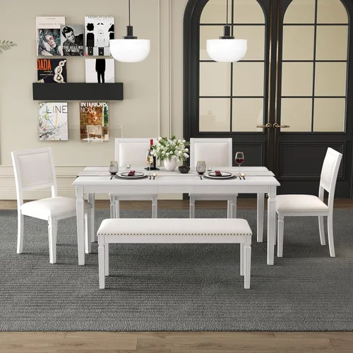 Vista 24 de Juego de mesa de comedor rústica de 6 piezas con mesa rectangular de caballete y 4 sillas tapizadas y banco, juego de mesa de comedor de cocina