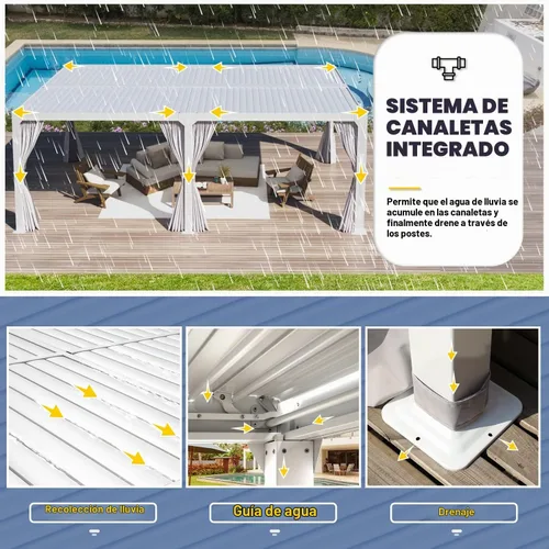 Vista 4 de MELLCOM Pérgola con listones de 10x20 con techo ajustable con cortinas y Blanco