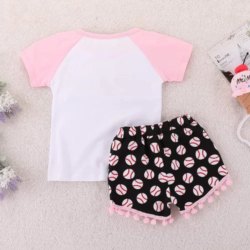 Vista 3 de Conjunto de ropa de dos piezas con estampado de hermanas de béisbol y camisetas + pantalones cortos con borlas, para bebé