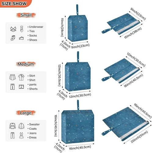 Vista 3 de Bolsa de ropa Armario Almacenamiento, Equipaje Ahorro de Espacio, Estrellas, Impermeable, Juego de 3 Cubos De Embalaje De Viaje Para